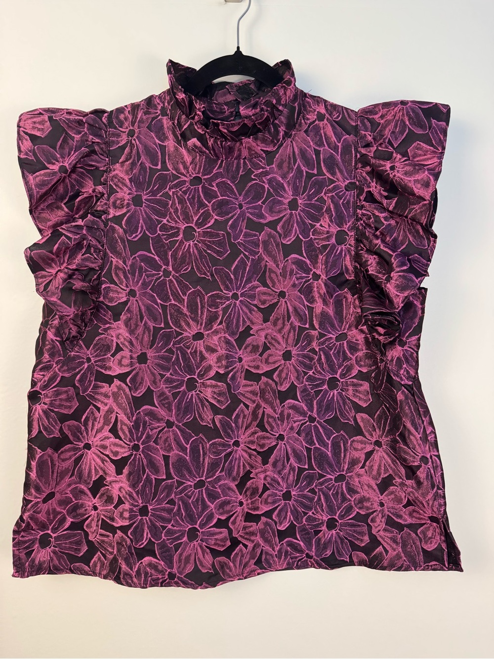 Entro Floral Jacquard Ruffle Sleeve Blouse L Magenta Black - Picture 2 of 13